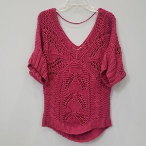 Andree Sweater Womens Medium Chunky Pink Open Knit Double V Neck